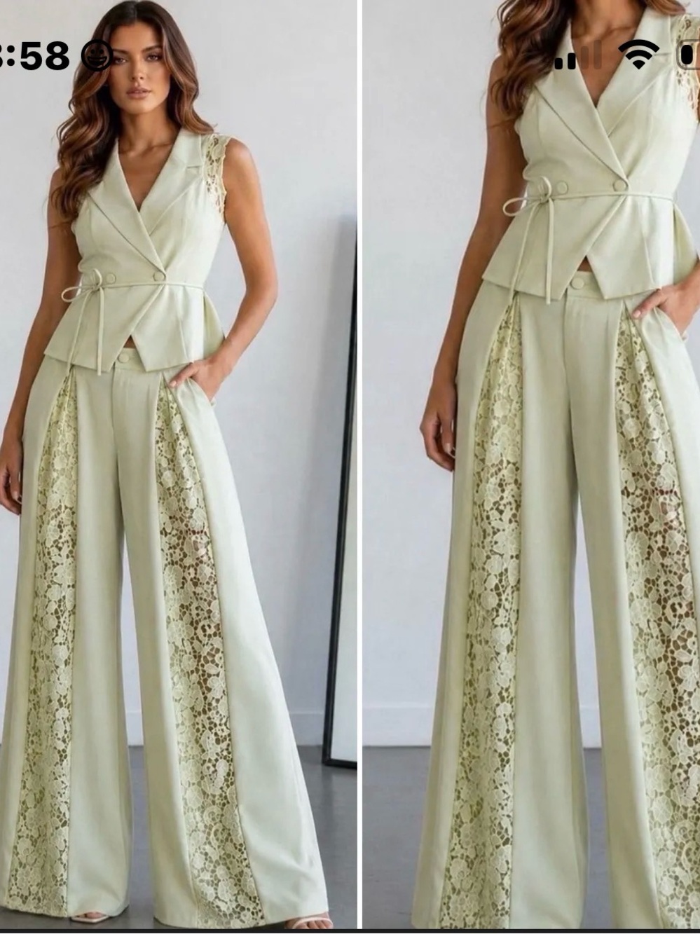 Sleeveless Lace-Inset Wide Leg Jumpsuit in Pale Sage